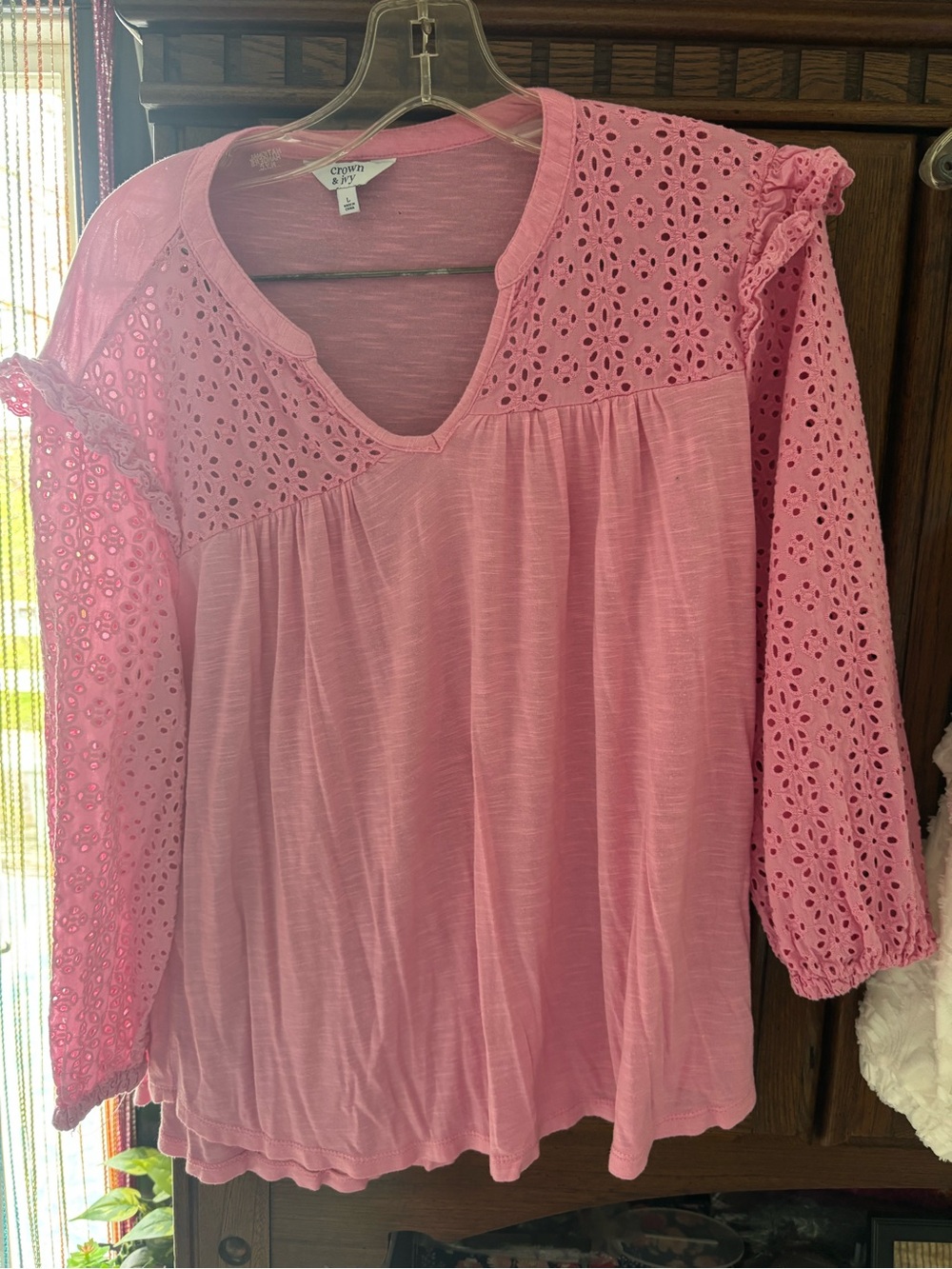 crown & ivy Pink Eyelet Yoke Long Sleeve Blouse